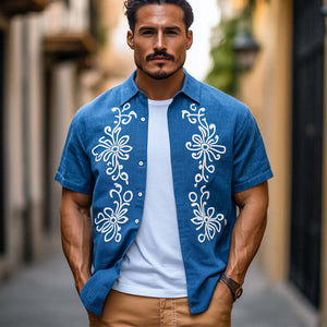 Camisa informal de algodón vintage bordada de manga corta para hombre