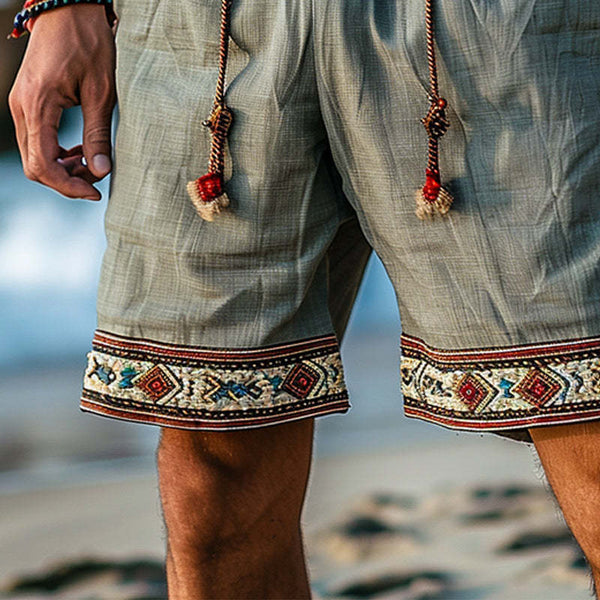 Sommer-Shorts aus Baumwolle und Leinen mit Retro-Stickerei für Herren