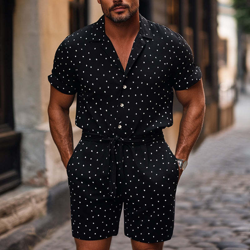 Men's Diamond Dot Lapel Knitted Casual Short Sleeve Shorts Set