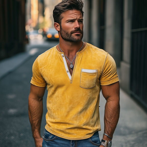 Camiseta de manga corta de ante brillante con cuello en V profundo informal y corte entallado para hombre