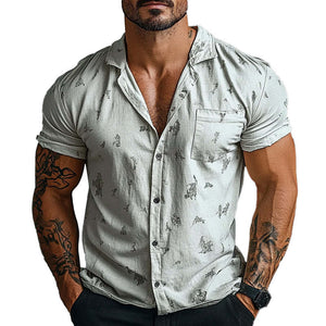 Men's Printed Lapel Pocket Short Sleeve Shirt