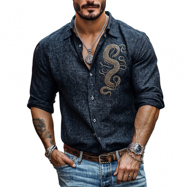 Men's Casual Linen Snake Embroidery Lapel Slim Fit Long Sleeve Shirt