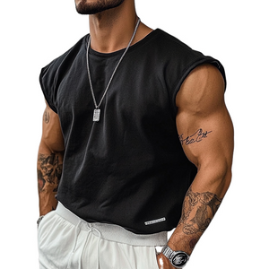 Camiseta deportiva sin mangas de cuello redondo para hombre, color liso, para exteriores