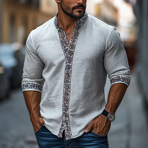 Men's Spring Classic Retro Ethnic Printed Stand Collar Long Sleeve Shirt