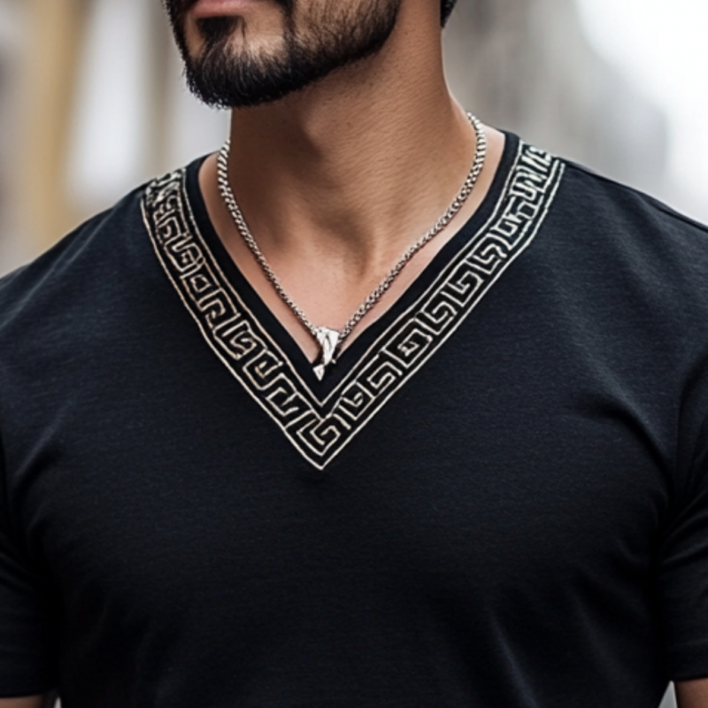 Men's Casual Cotton V-Neck Embroidered Slim Fit Short Sleeve T-Shirt