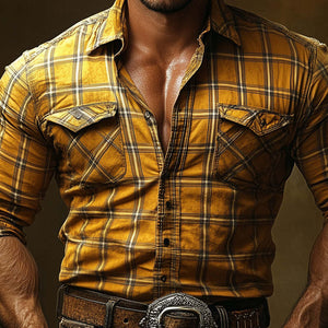 Men's Vintage Yellow Check Long Sleeve Shirt