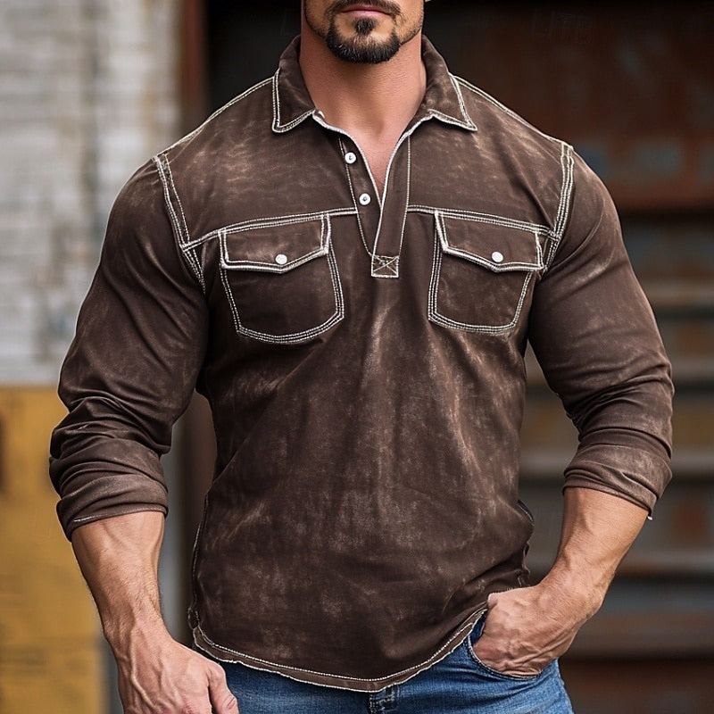 Men's Retro Casual Long Sleeve Pocket Lapel T-Shirt