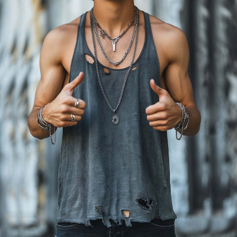 Camiseta de tirantes retro con cuello redondo y lavado con agujeros para hombre