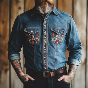 Men's Vintage Dark Blue Embroidered Washed Denim Shirt