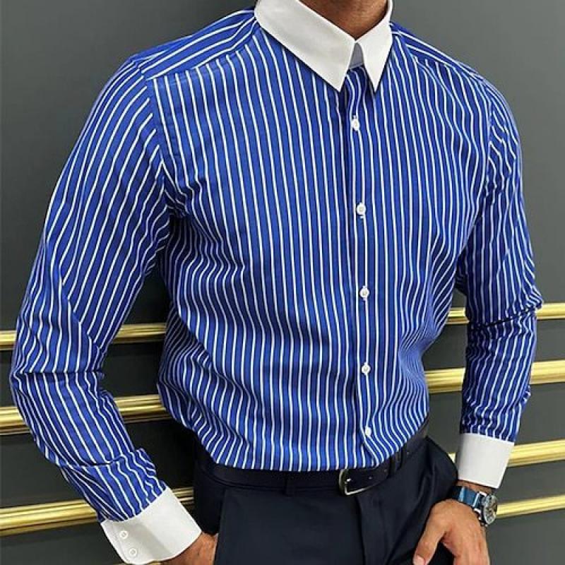 Camisa informal de manga larga con solapa y bloques de color a rayas para hombre