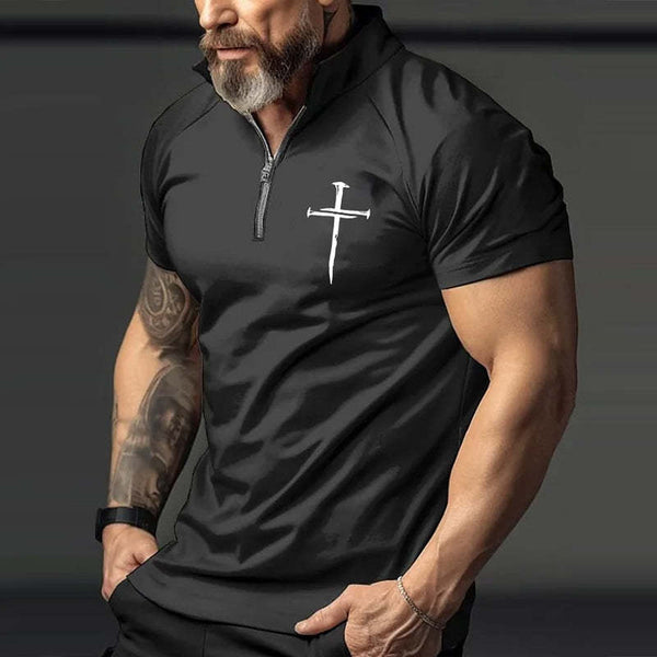 Camiseta de manga corta con cremallera y estampado cruzado retro informal para hombre