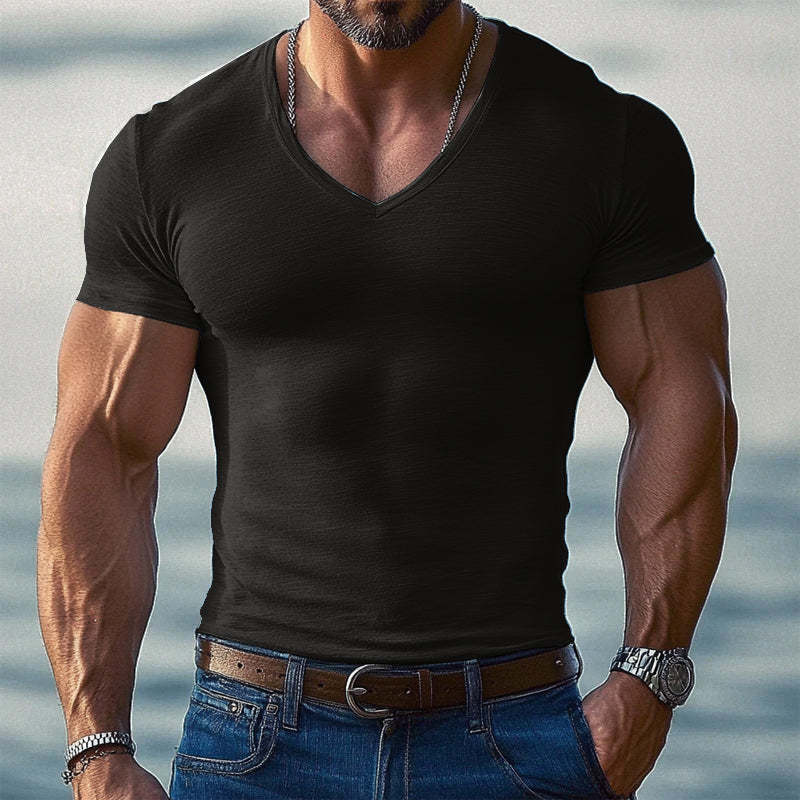 Camiseta de manga corta con cuello en V y color liso para hombre
