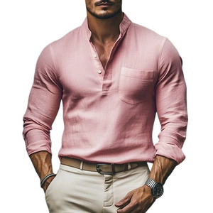 Camisa informal de algodón y lino de manga larga con cuello alto para hombre, moda de primavera