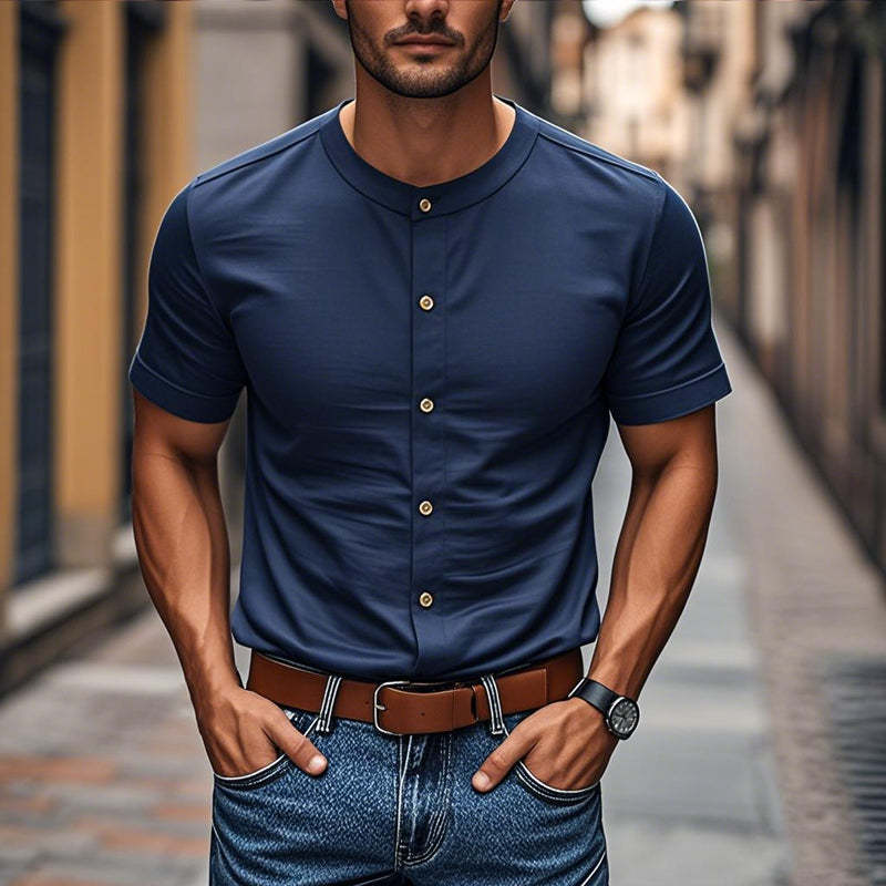Men's Casual Cotton Round Neck Single Breasted Slim Fit Short Sleeve Shirt