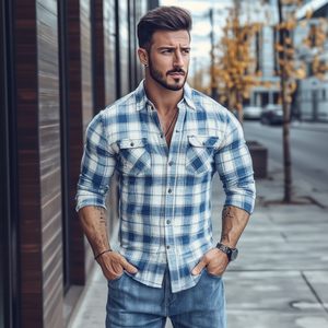 Camisa informal de algodón a cuadros con solapa y bolsillo en el pecho para hombre, corte entallado, manga larga