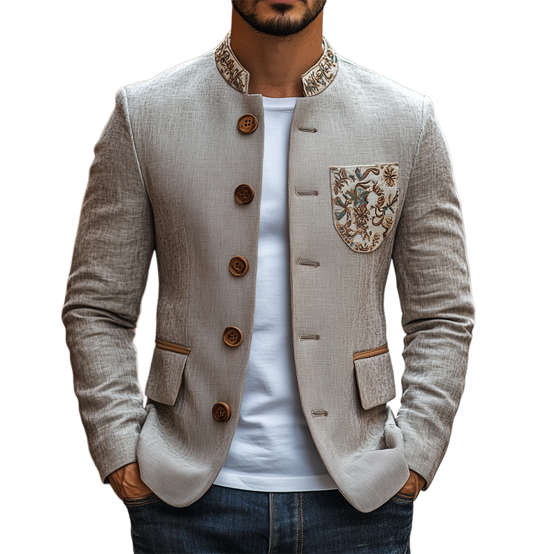 Men's Classic Retro Stand Collar Thin Cotton And Linen Embroidered Slim Jacket