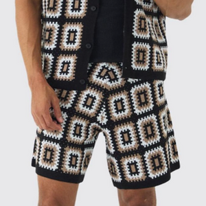 Men's Spring And Summer Fashion Casual Hollow Knitted Short-sleeved T-shirt Shorts Set