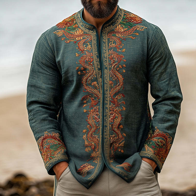 Men's Retro Casual Embroidered Collarless Long Sleeve Shirt Jacket MTA3157C0TO