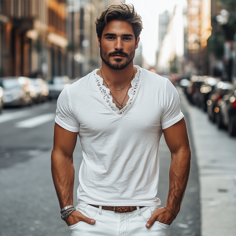 Herren Frühling und Sommer Modisches Kurzarm-T-Shirt aus Baumwolle mit V-Ausschnitt und Spitzennähten
