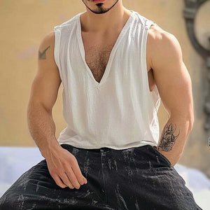 Camiseta sin mangas de algodón con cuello en V de color liso para hombre