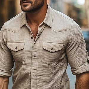 Men's Solid Waffle Lapel Short Sleeve Shirt