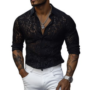 Camisa de manga larga ajustada con encaje sexy de moda de primavera y verano para hombre