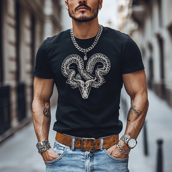 Camiseta informal de algodón con bordado de serpiente para hombre, cuello redondo, manga corta y corte ajustado
