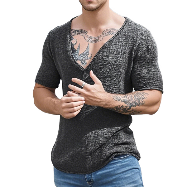 Camiseta informal de punto de manga corta con cuello en V y color liso para hombre