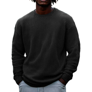 Men's Solid Color Waffle Round Neck Long Sleeve Sweatshirt