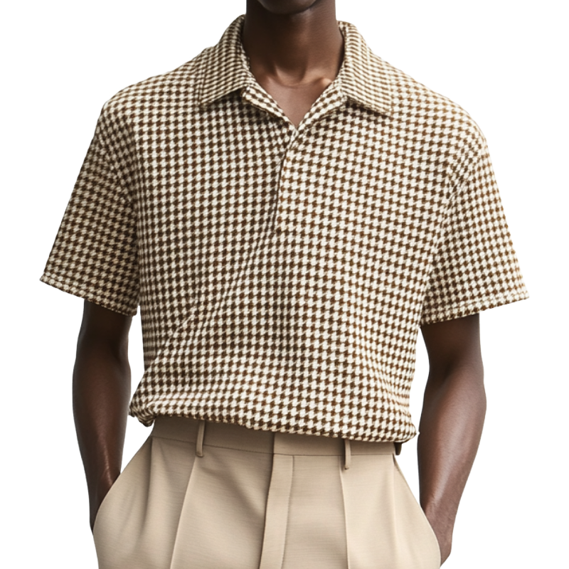 Men's Casual Houndstooth Lapel Loose Short Sleeve Polo Shirt MTA1867C0M