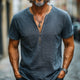Men's Dark Blue Distressed Half-Zip Casual T-Shirt