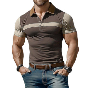 Camiseta de verano para hombre, color marrón, cuello polo, elástica, de corte entallado y con bloques de color