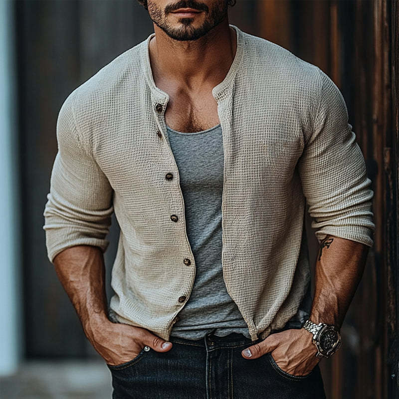 Men's Waffle Single Breasted Long Sleeve Shirt