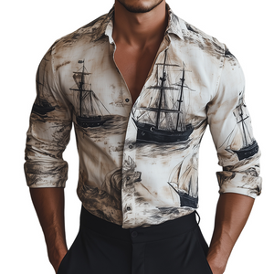 Camisa de manga larga con solapa y estampado de velero retro informal para hombre