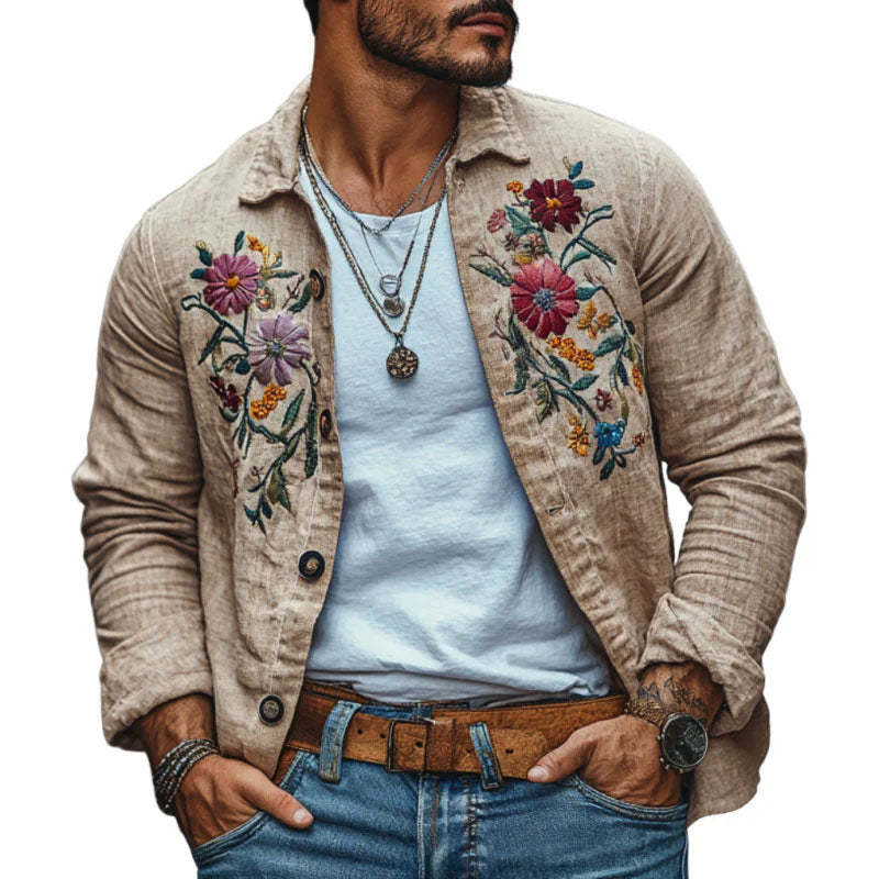Camisa informal de lino con solapa bordada y manga larga suelta para hombre