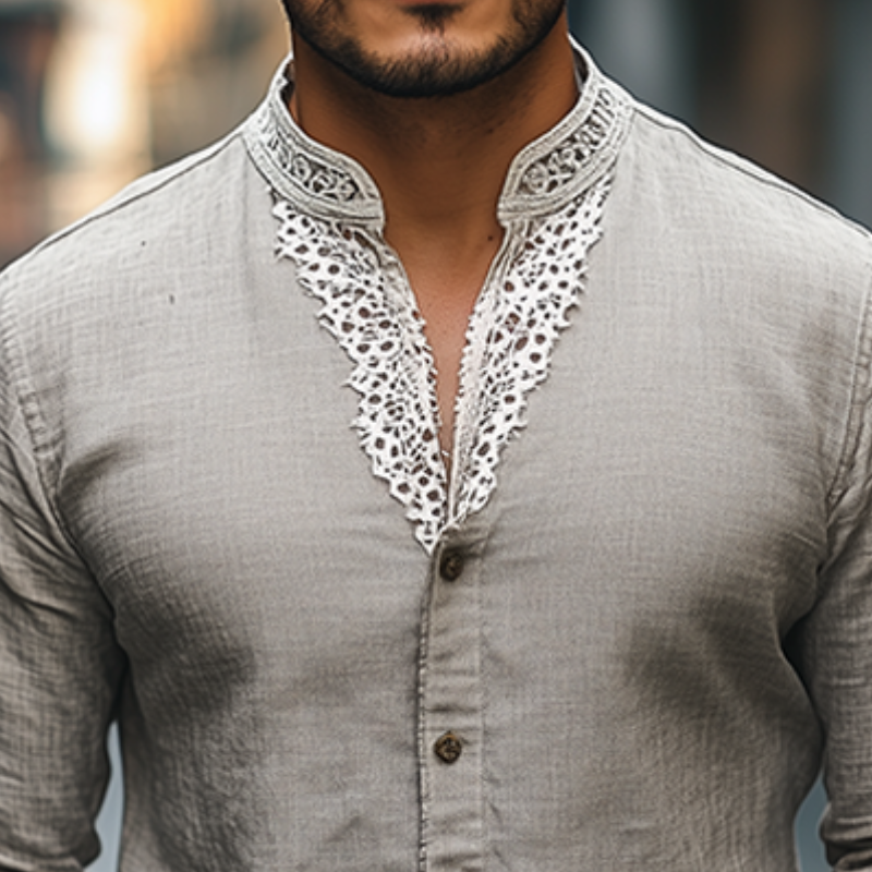Men's Spring Fashion Stand Collar Lace Splicing Cotton And Linen Long Sleeve Shirt
