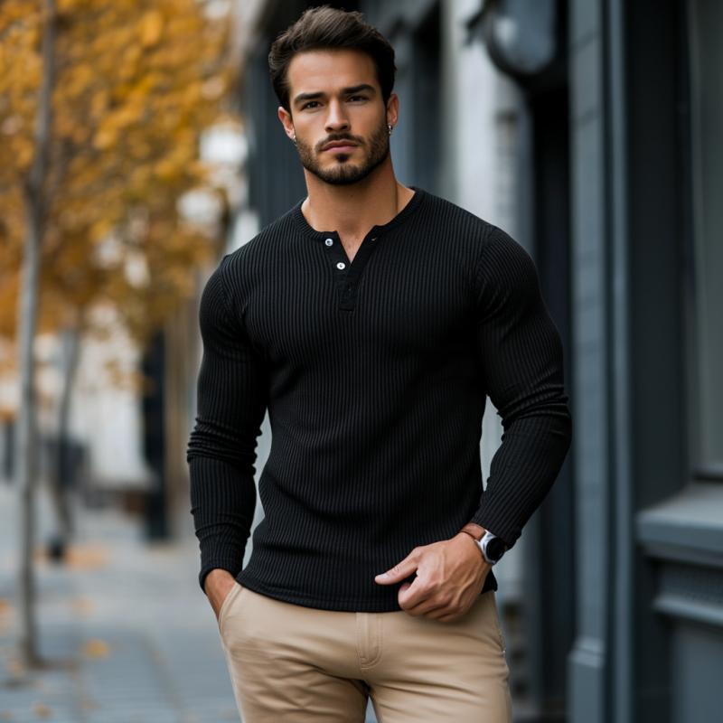 Camiseta informal de manga larga con cuello Henley, rayas y canalé para hombre