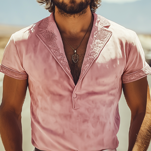 Men's Spring Fashion Casual Deep V-neck Slim Fit Embroidered Suede Short Sleeve T-shirt