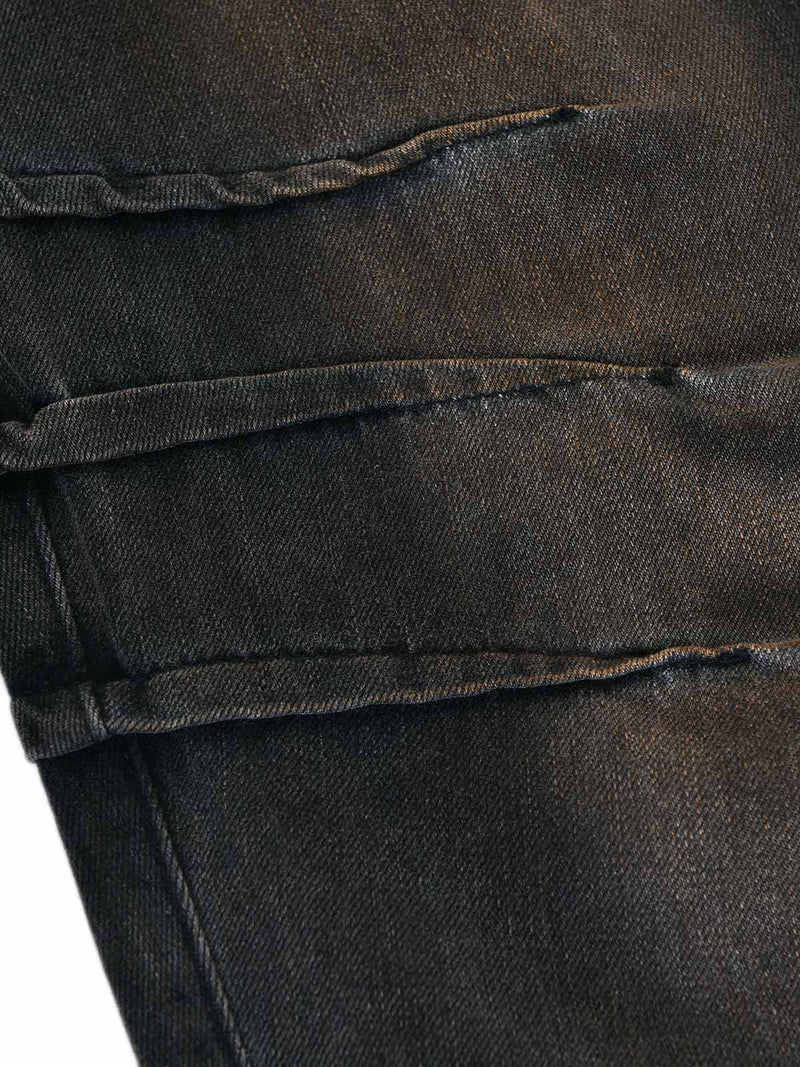 Washed Pleated Straight Jeans