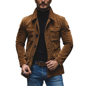 Herren Vintage Revers Wildleder Multi-Pocket Loose Jacke