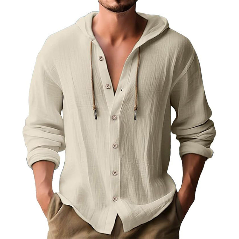 MEN'S SOLID COLOR CASUAL LONG SLEEVED SHIRT HOODED DRAWSTRING COTTON AND LINEN CARDIGAN