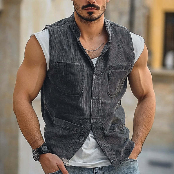 Chaleco vintage de pana con cuello alto y múltiples bolsillos para hombre