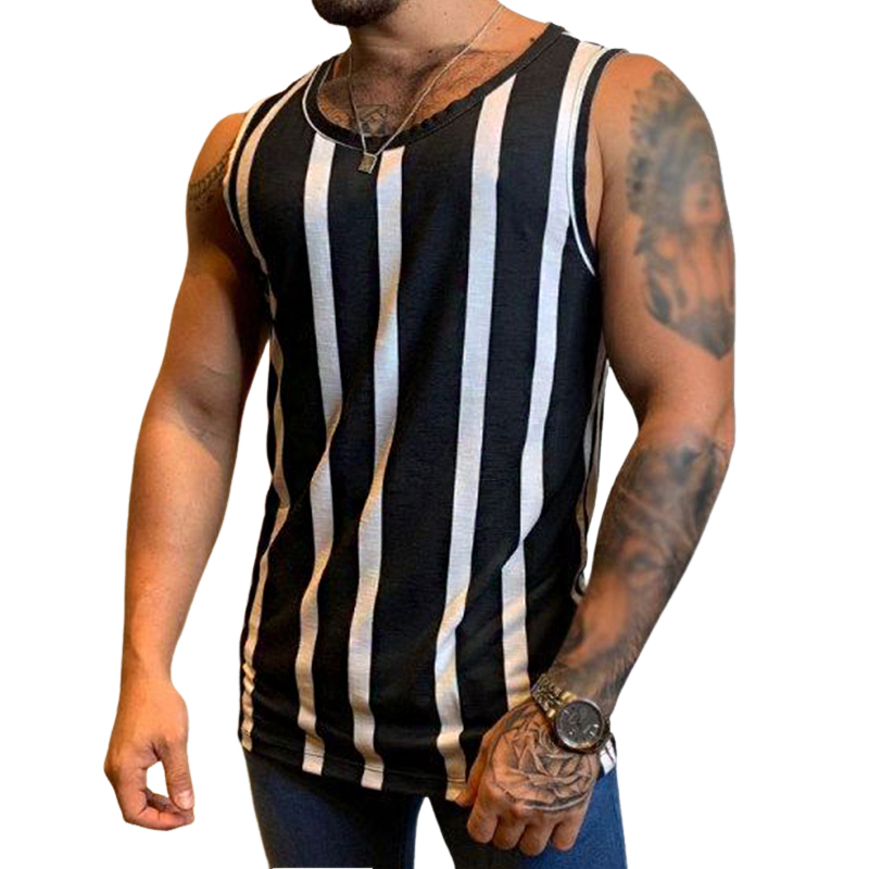 Camiseta sin mangas con cuello redondo y estampado de rayas retro informal para hombre