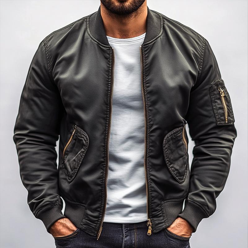 Men's Classy Solid Color Multi-pocket Zipper Baseball Jacket