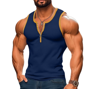 Camiseta sin mangas informal de algodón con cuello con cremallera y diseño entallado de bloques de colores para hombre