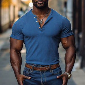 Lässiges Herren-T-Shirt aus Baumwolle mit elastischem Rippenmuster und Henley-Kragen, schmale Passform, kurzärmelig