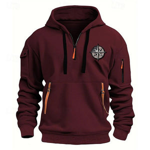 SUDADERA DEPORTIVA CASUAL PARA HOMBRE CON MÚLTIPLES CREMALLERAS EN EL BRAZO Y BORDADO CON INSIGNIA SUDADERA CON CAPUCHA