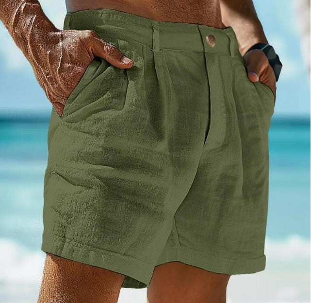 Pantalones cortos de playa de verano de lino de color liso para hombre