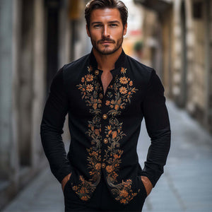 Men's Spring And Autumn Retro Embroidered Stand Collar Long Sleeve Shirt