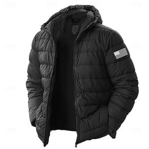 Chaqueta acolchada ligera con capucha para hombre, resistente al agua, de plumón, aislante, con bandera estadounidense, para invierno, para nieve, esquí, senderismo y viajes.